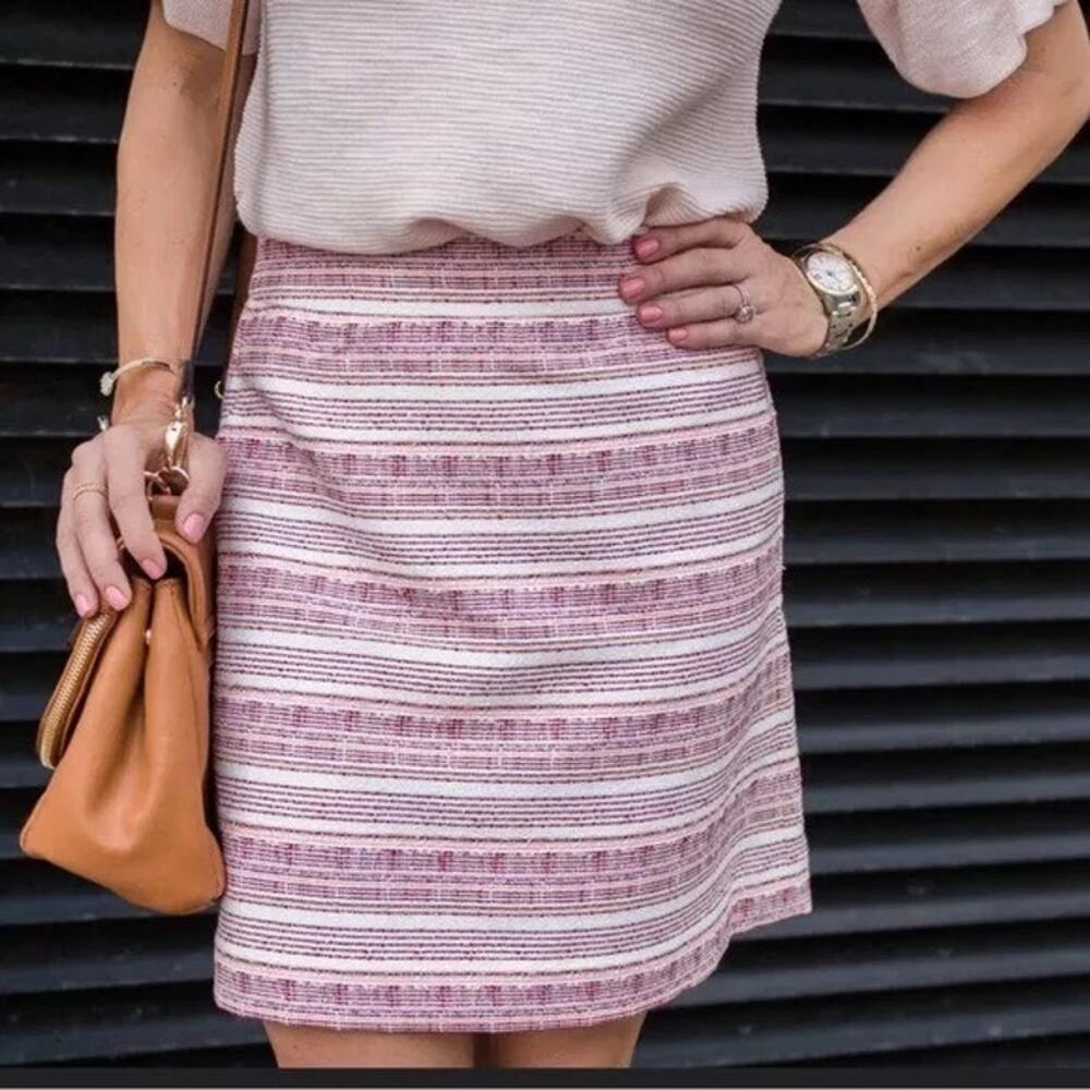 LOFT Multicolor Red Pink Orange Stripe Tweed Short Corpcore Pencil Skirt POCKETS